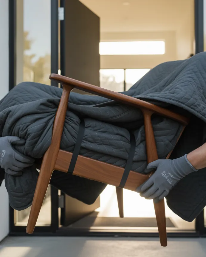 A wooden armchair wrapped in a quilted moving blanket carried through a front door