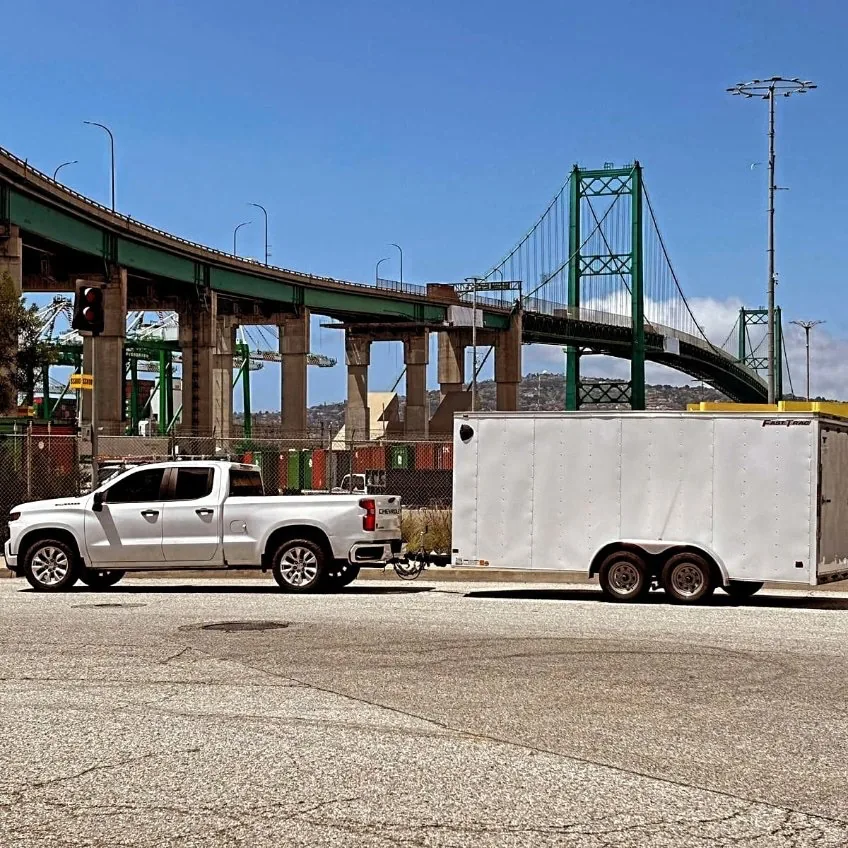 The JS pickup and enclosed trailer by the Vincent Thomas Bridge